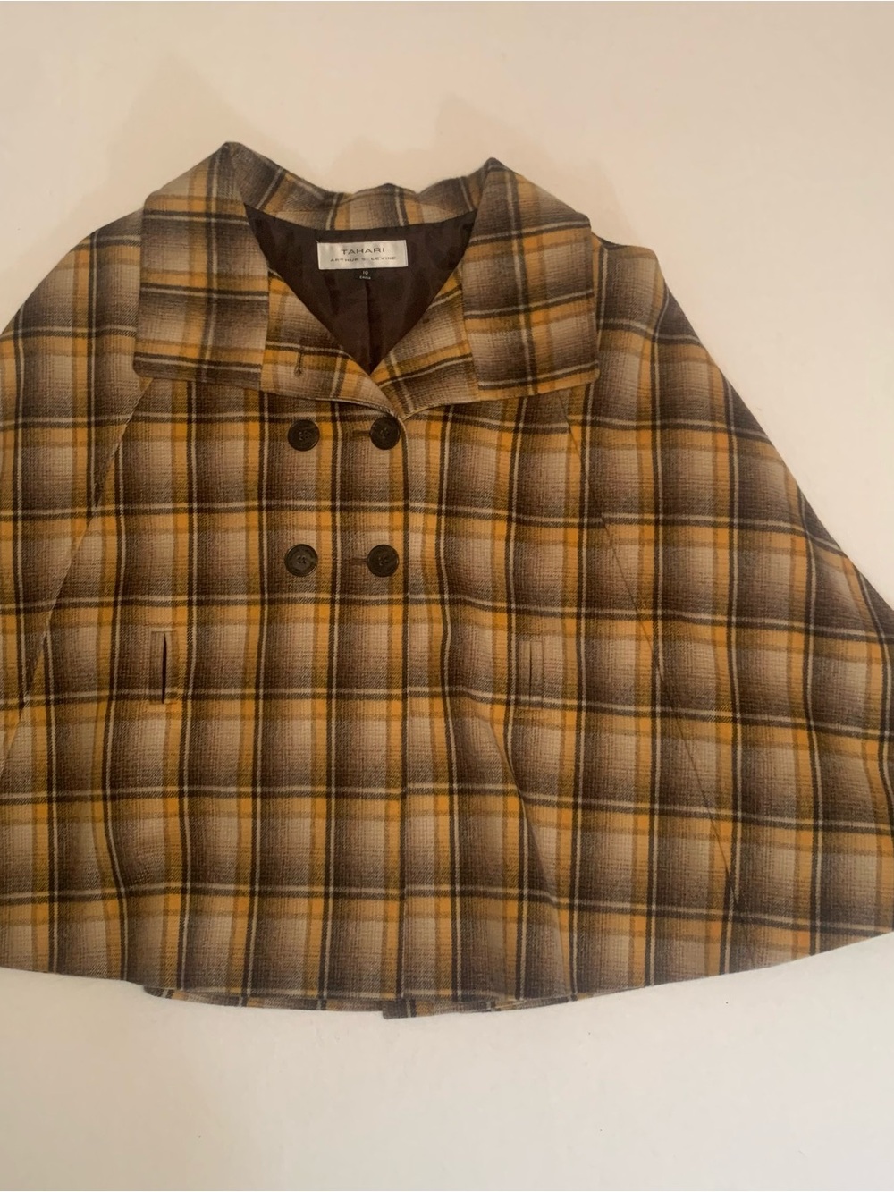 Plaid Double-Breasted Ladies Cape Jacket - Brown/Gold Tahari Size 10